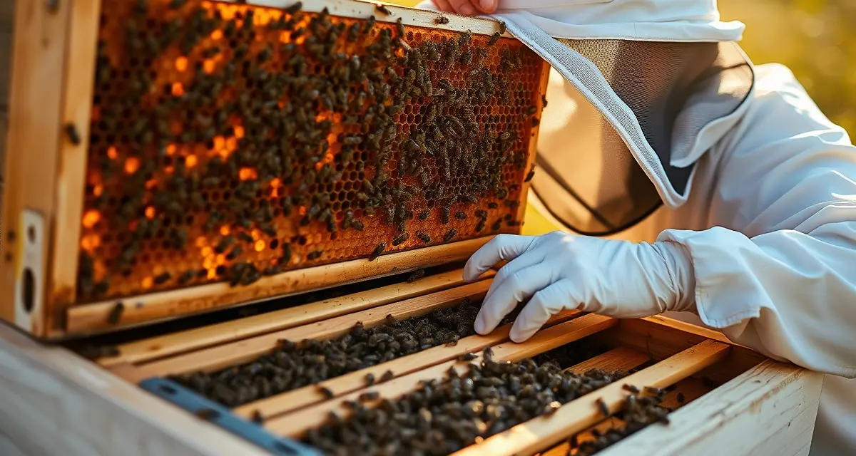 Beekeeper inspecting a full-size honey bee colony frame to monitor varroa mite threshold levels and colony health during seasonal treatment assessment.