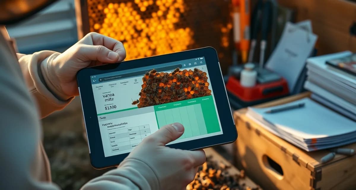 Beekeeper comparing varroa tracking alternatives while inspecting honeycomb frame with monitoring tablet