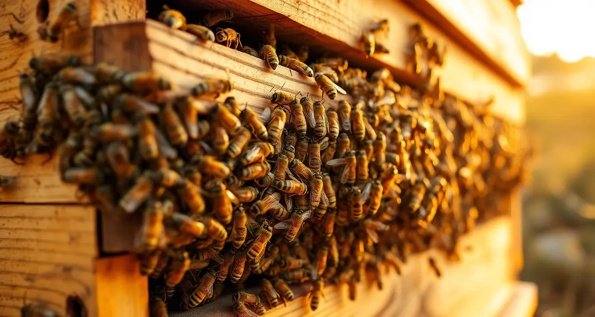 Honeybees bearding on hive exterior during summer heat, showing cluster density relevant to varroa mite treatment timing and coverage