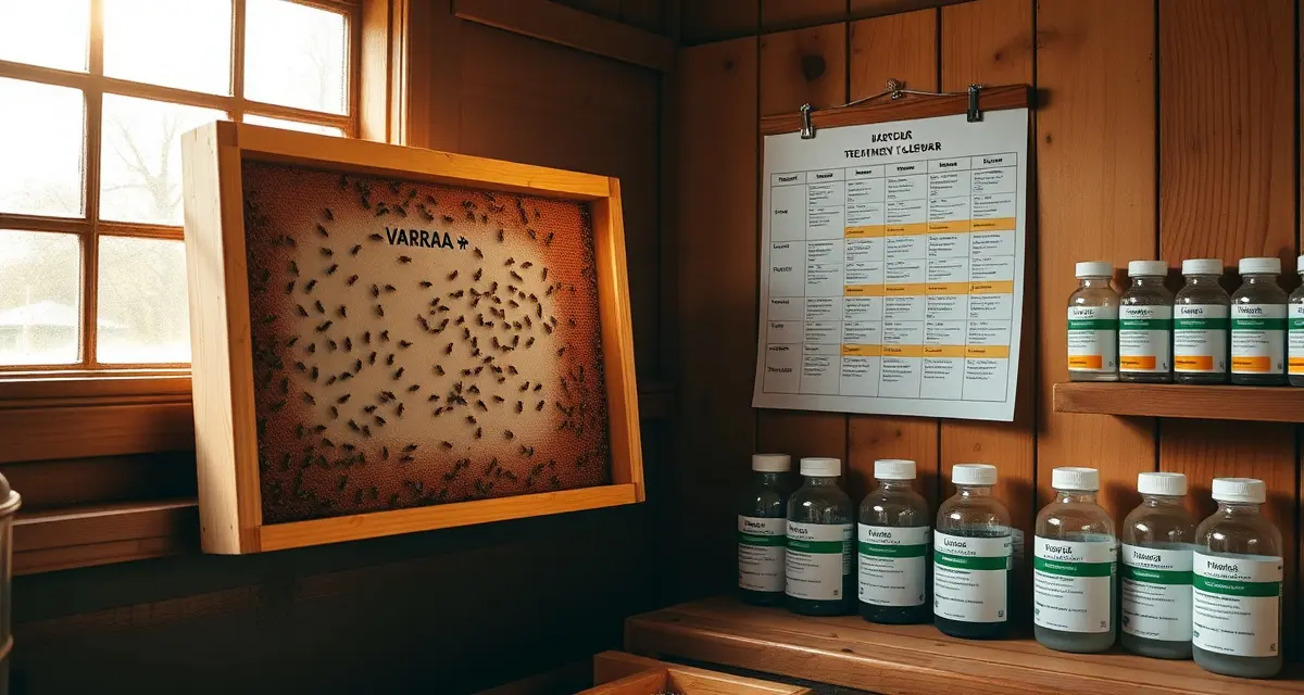 Beekeeper reviewing varroa treatment calendar schedule with hive frame and seasonal medication bottles organized by month.