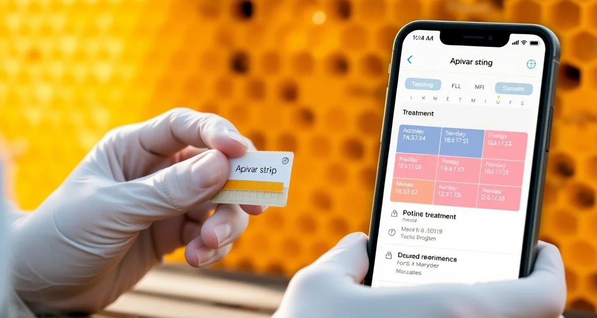 Beekeeper reviewing varroa mite treatment schedule on calendar app with Apivar strips, showing integrated hive management planning.