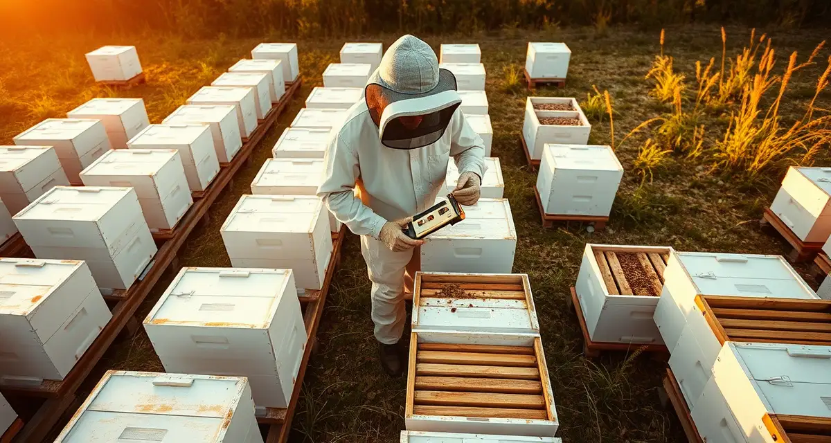 Commercial beekeeper treating multiple hives for varroa mites using systematic batch workflow in organized apiary setting.