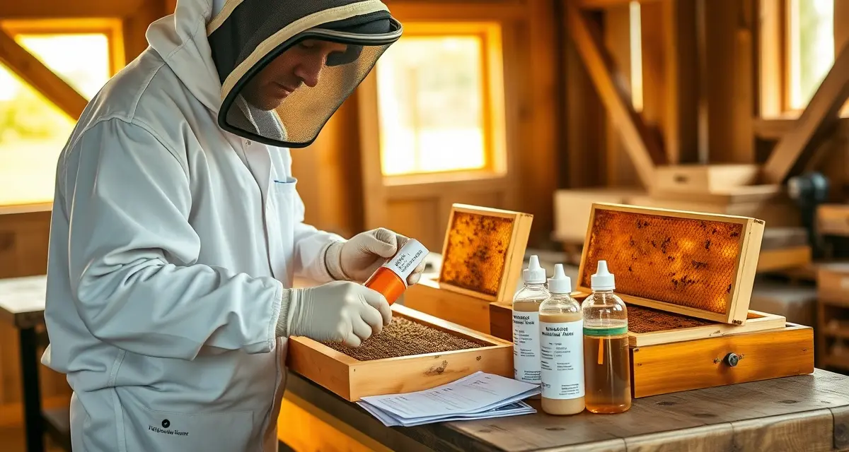 Beekeeper applying varroa treatment strips to honeycomb frames based on hive strength and colony size dosage requirements