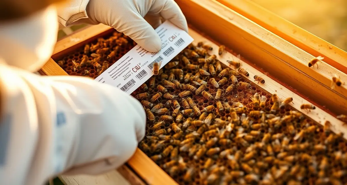 Beekeeper applying varroa mite treatment to honeycomb frame during fall hive management and feeding season