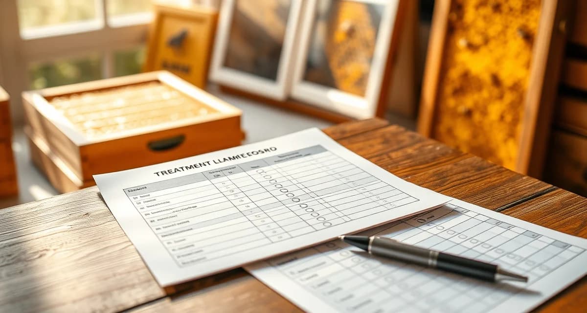 Varroa treatment log template displayed on desk with beekeeping records and tracking documentation for hive management
