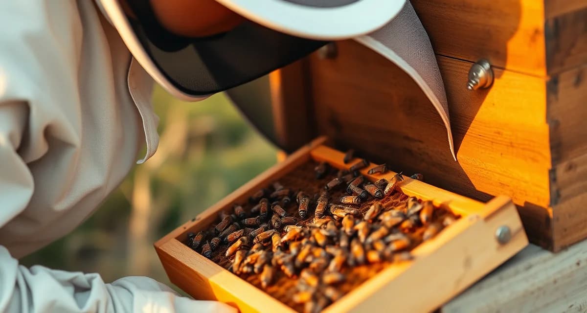 Beekeeper inspecting honeycomb frame for varroa mites during hive treatment assessment and colony health monitoring.
