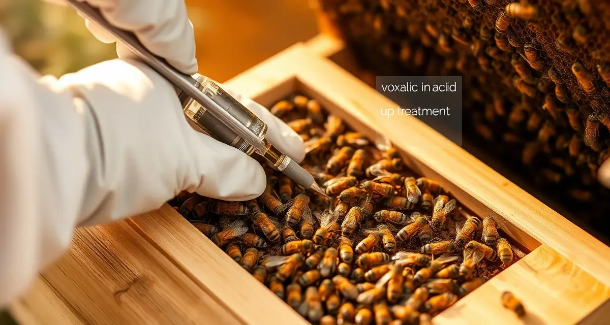 Varroa treatment being carefully applied to a small nucleus bee colony with adjusted dosage for nuc-sized hives.