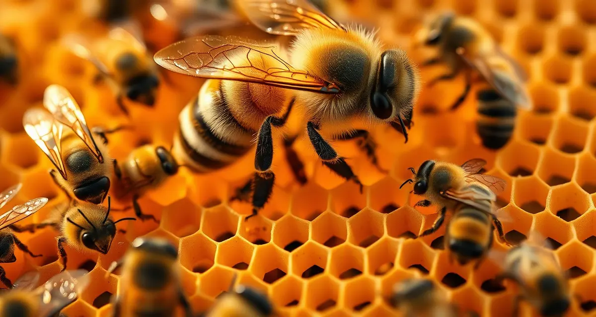 Honeybee queen on brood comb with worker bees, illustrating safe varroa mite treatment protocols for pregnant queens.