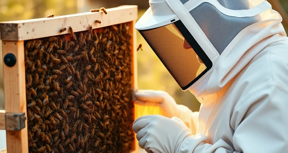 Beekeeper performing varroa mite count baseline inspection on honeybee hive frame using sampling method