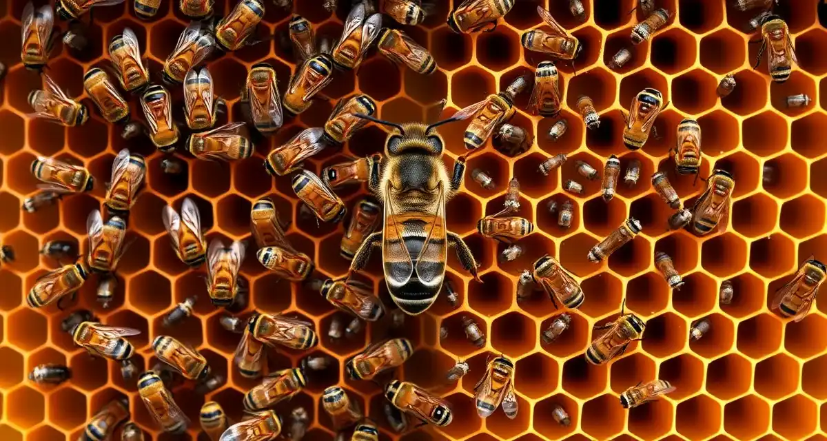 Honeycomb frame comparison showing varroa mite treatment differences between queenright and queenless bee colonies
