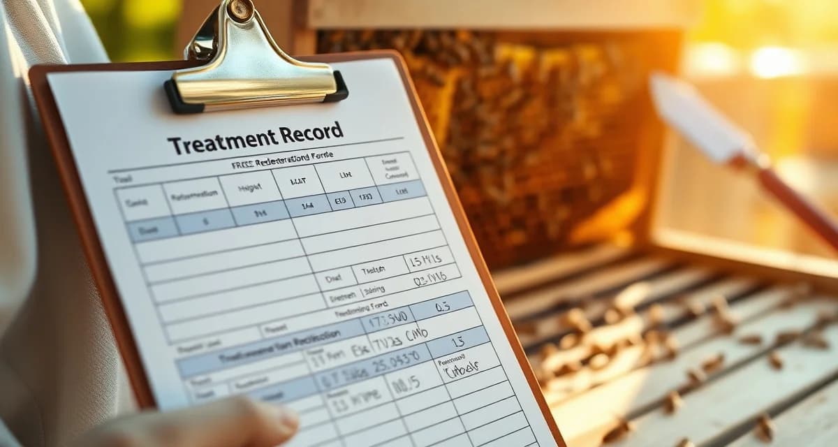 Varroa mite treatment record form showing 7 required fields including EPA registration number, product name, and treatment date for hive inspection compliance.