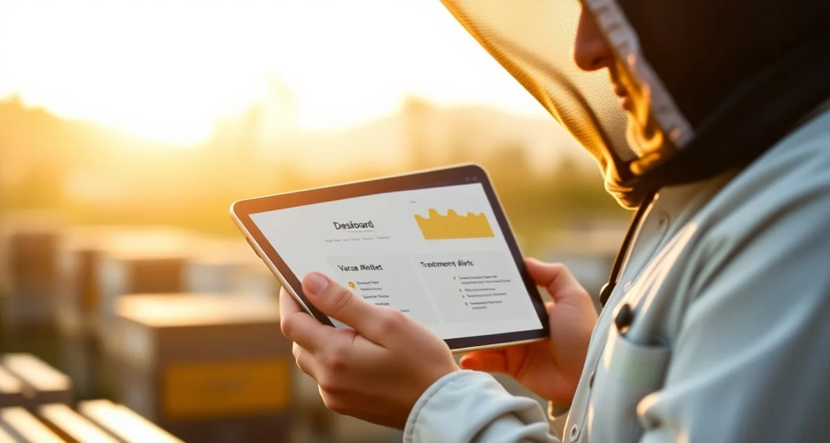 Beekeeper reviewing varroa treatment reminder alerts on digital device with hive management dashboard