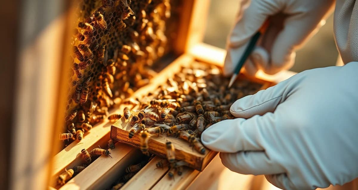 Beekeeper inspecting small hive nucleus colony for varroa mites during treatment monitoring and colony health assessment
