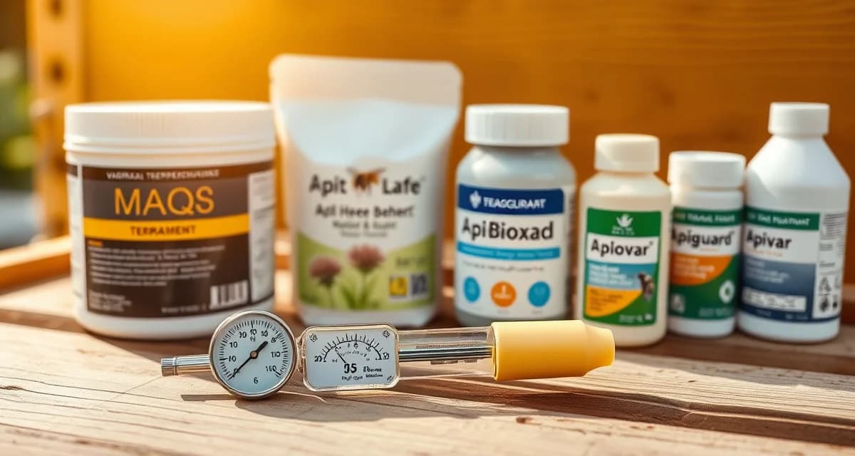 Thermometer and varroa mite treatment products displaying temperature restriction requirements for effective hive management.