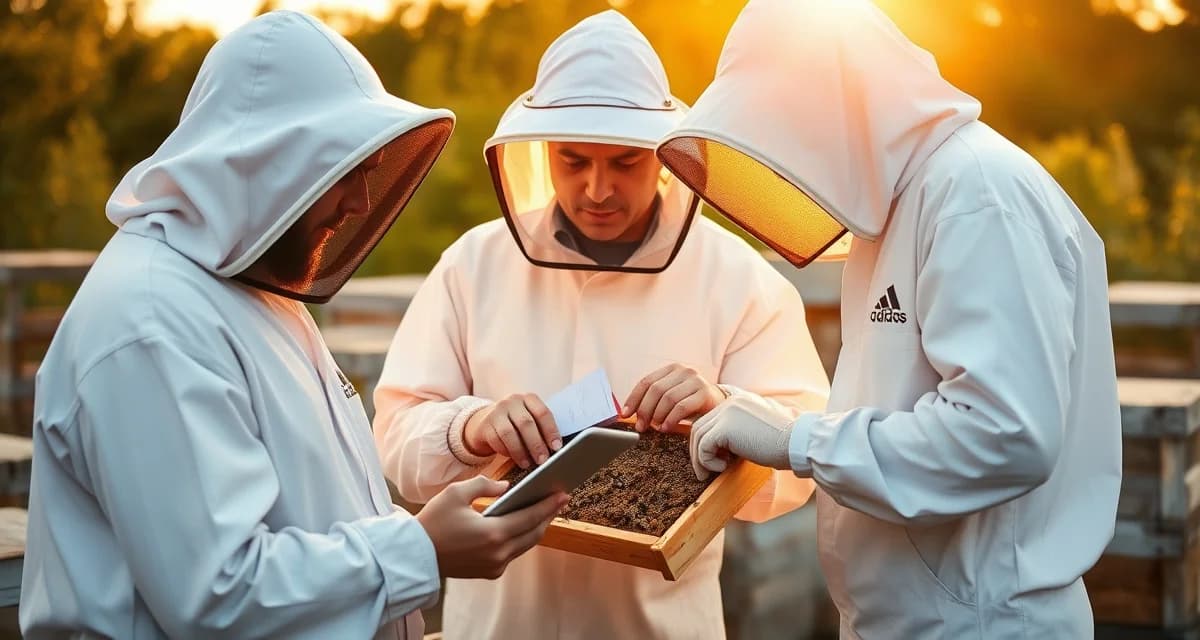 Beekeeping team members using VarroaVault mobile app to log varroa mite counts and hive treatments together in the field