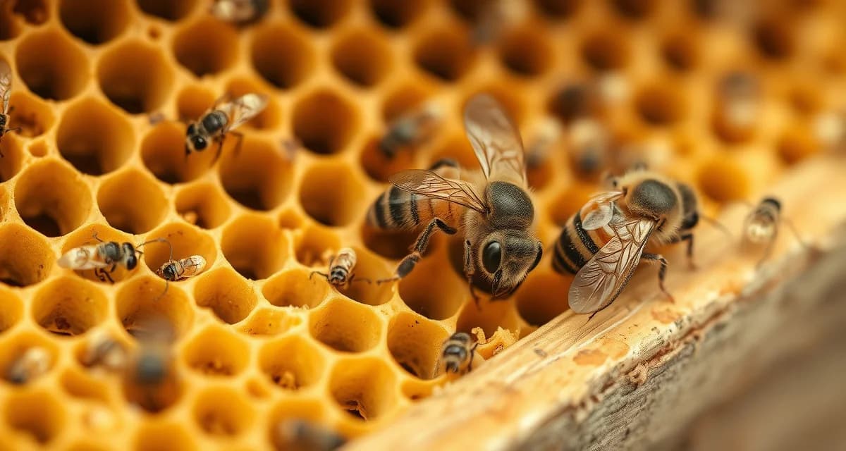 Honeycomb frame showing varroa mites, small hive beetle, and wax moth damage demonstrating combined pest management challenges in beekeeping
