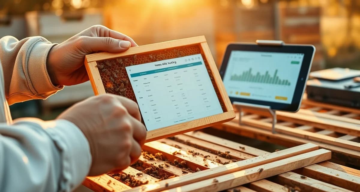 Beekeeper setting up VarroaVault hive management system on tablet while inspecting beehive frame with varroa mite tracking enabled