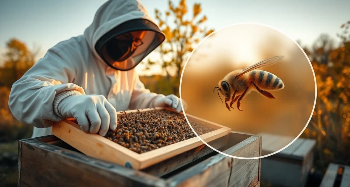 Beekeeper inspecting honeycomb frame for varroa mites in Zone 6 climate during September treatment season