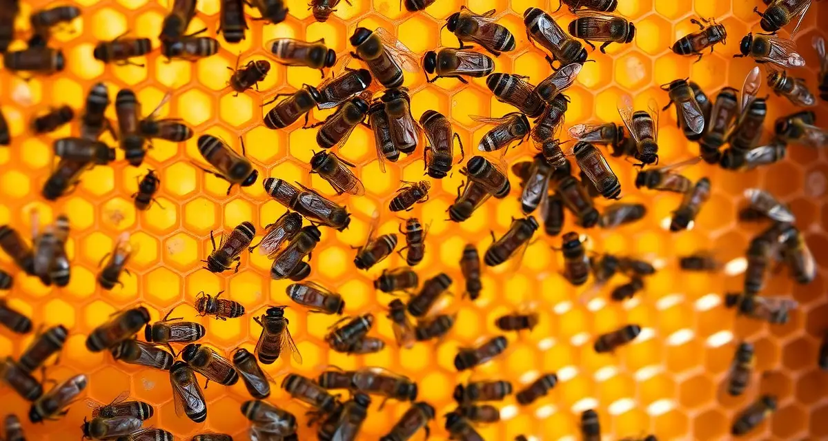 Honeycomb frame showing varroa mites on honeybees in a zone 7 climate beehive during treatment season.