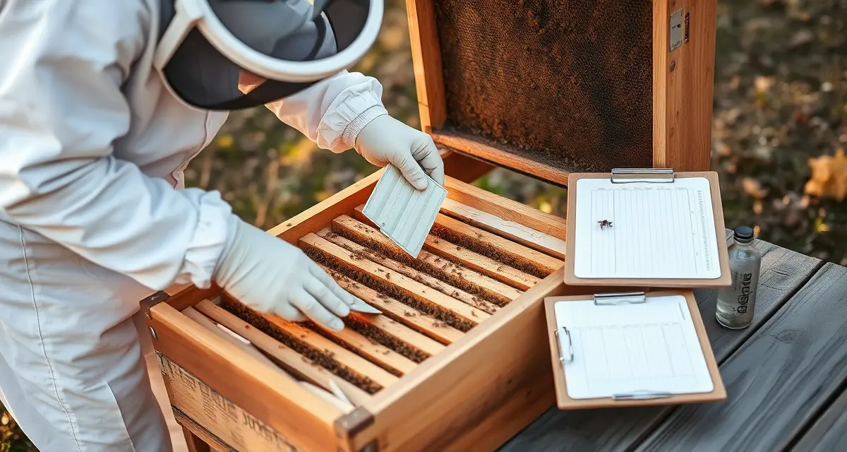 Varroa treatment application workflow Beekeeper applying varroa mite treatment strips to honeycomb frames during commercial beekeeping treatment day procedures