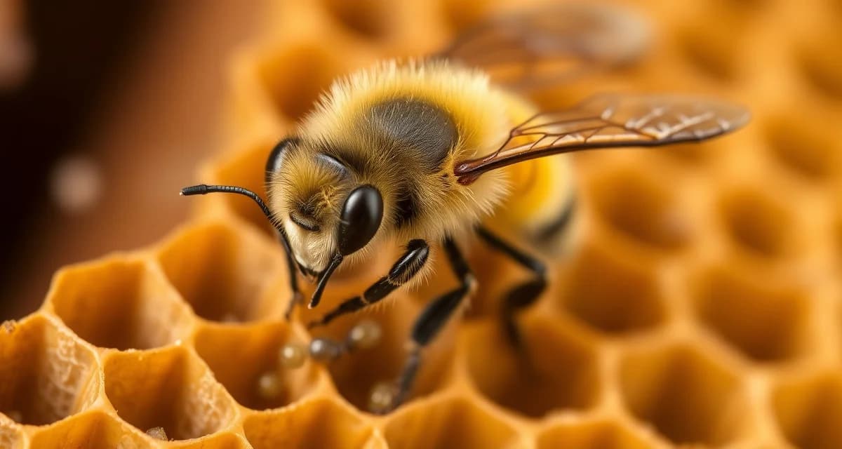 Varroa mite removal through natural bee grooming Honey bee performing grooming behavior to remove varroa mites from body on honeycomb frame