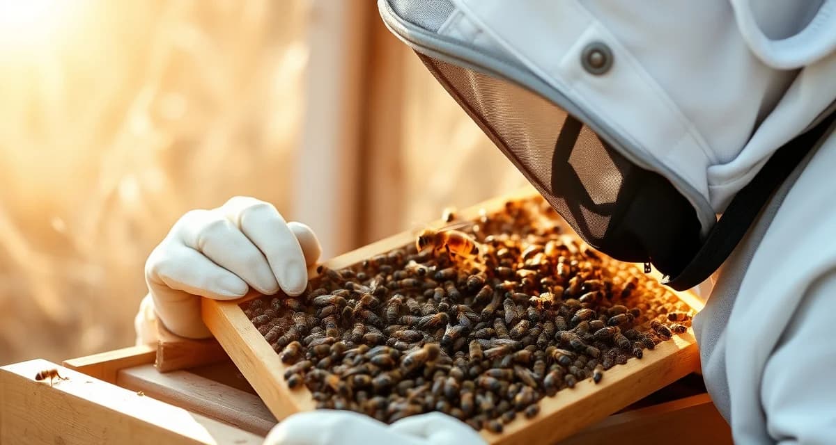 Spring varroa mite inspection and treatment Beekeeper inspecting hive frame for varroa mite damage and colony health assessment after winter losses in apiary