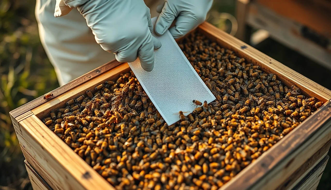Gloved hands placing an Apivar strip between frames in a hive full of bees