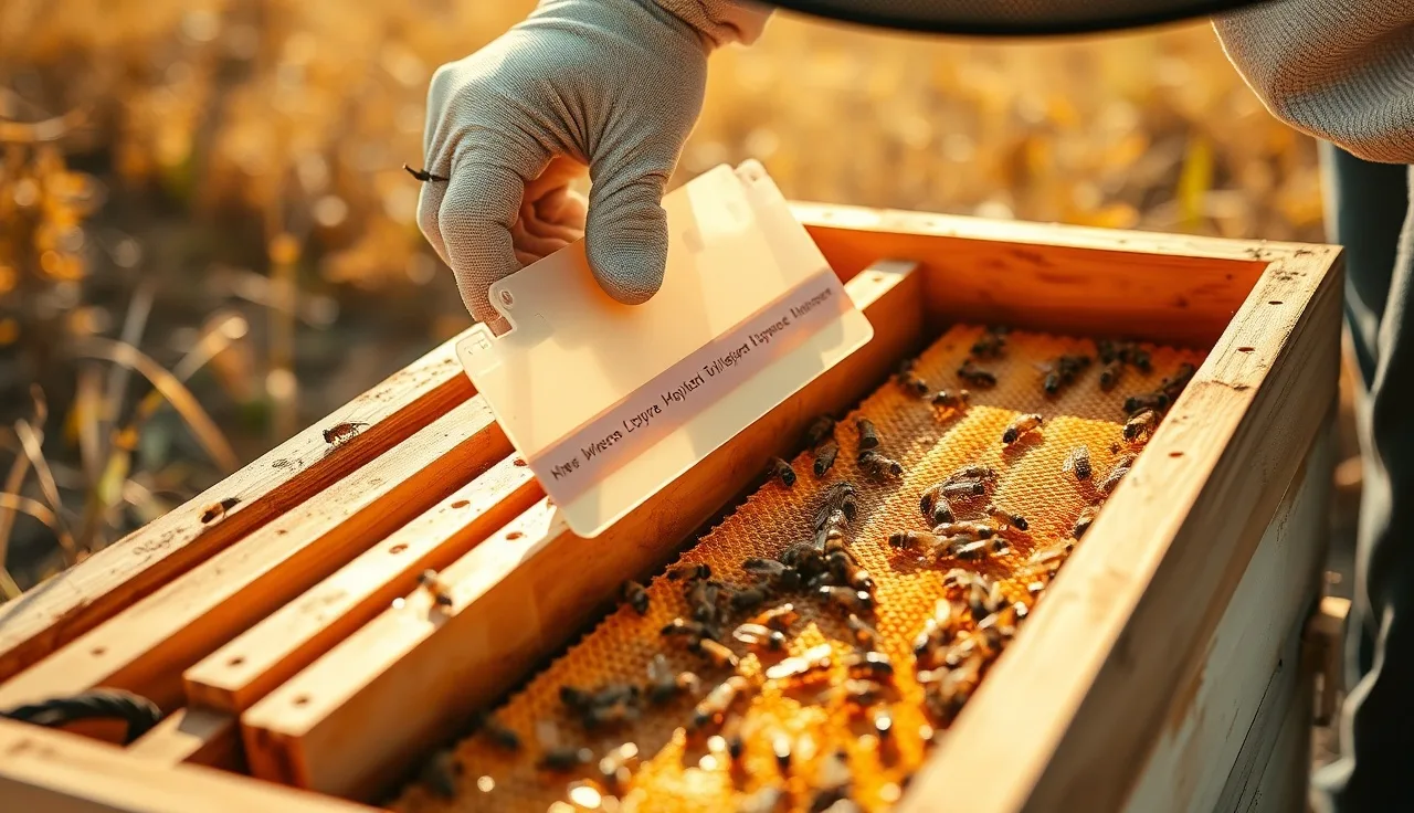 Gloved beekeeper placing an Apivar strip between brood frames in a wooden hive box